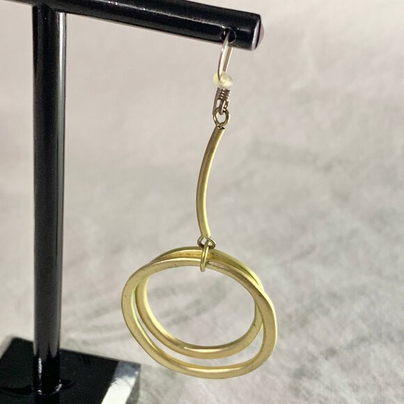Handmade Modernist Brass Double Ring Bar Drop Dangle Earrings - Picture 2 of 5
